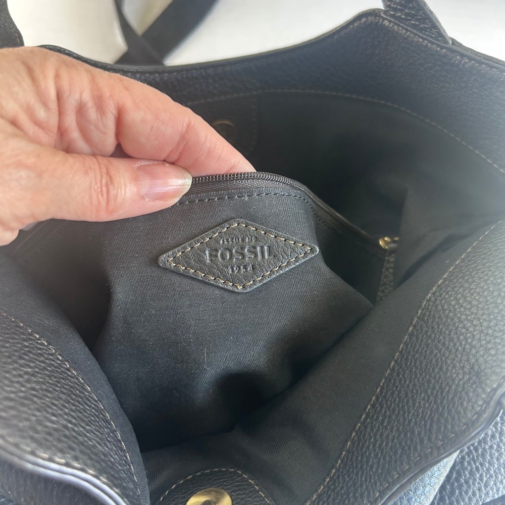 Fossil‎ Eric Foldover Tote Bag Women Large Black Pebbled Leather Crossbody - Picture 5 of 11